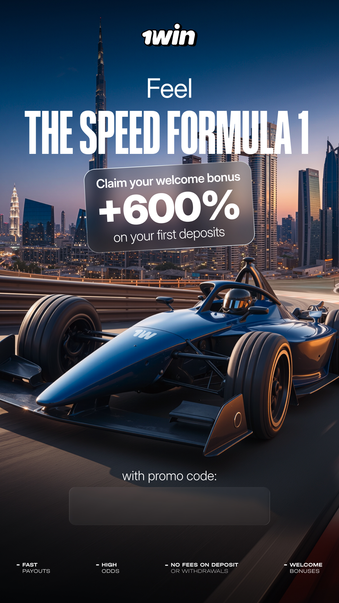 1win Feel the Speed Formula 1 600% welcome bonus
